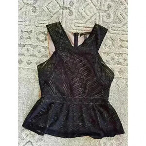 BCBGMaxAzria Hanne Black Geometric Lace Peplum Top Large Sleeveless Blouse